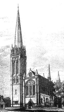 Original St Stephen's design featuring a spire and the Lychgate